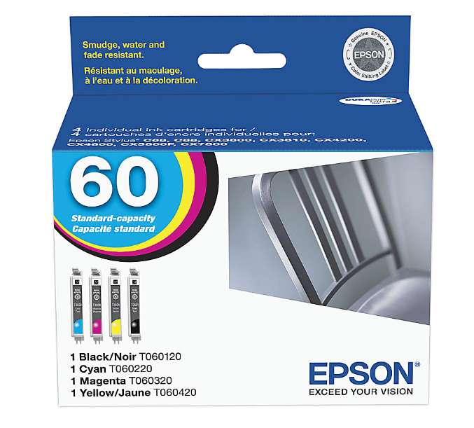 Epson 60 DuraBrite Black And Cyan, Magenta, Yellow Ink Cartridges, Pack Of 4, T060120-BCS MPN:T060120-BCS