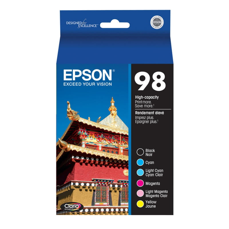 Epson 98 Claria Black; Cyan; Light Cyan; Magenta; Light Magenta; Yellow High-Yield Ink Cartridges, Pack Of 6, T098120-BCS MPN:T098120-BCS