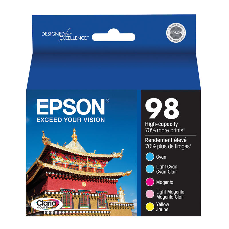 Epson 98 Claria Cyan, Light Cyan, Magenta, Light Magenta, Yellow High-Yield Ink Cartridges, Pack Of 5, T098920 MPN:T098920-S