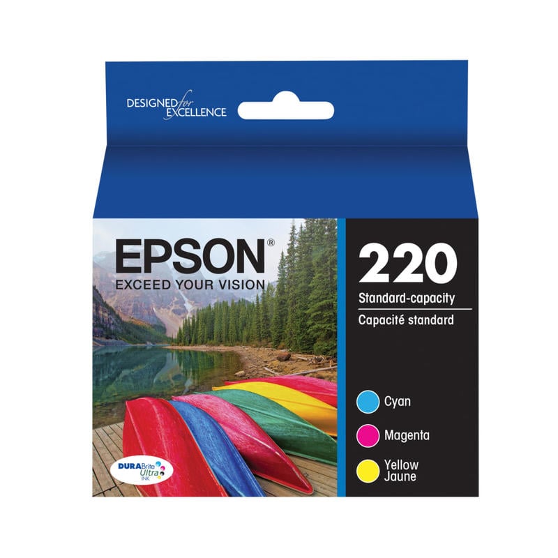 Epson 220 DuraBrite Ultra Cyan, Magenta, Yellow Ink Cartridges, Pack Of 3, T220520-S (Min Order Qty 3) MPN:T220520-S