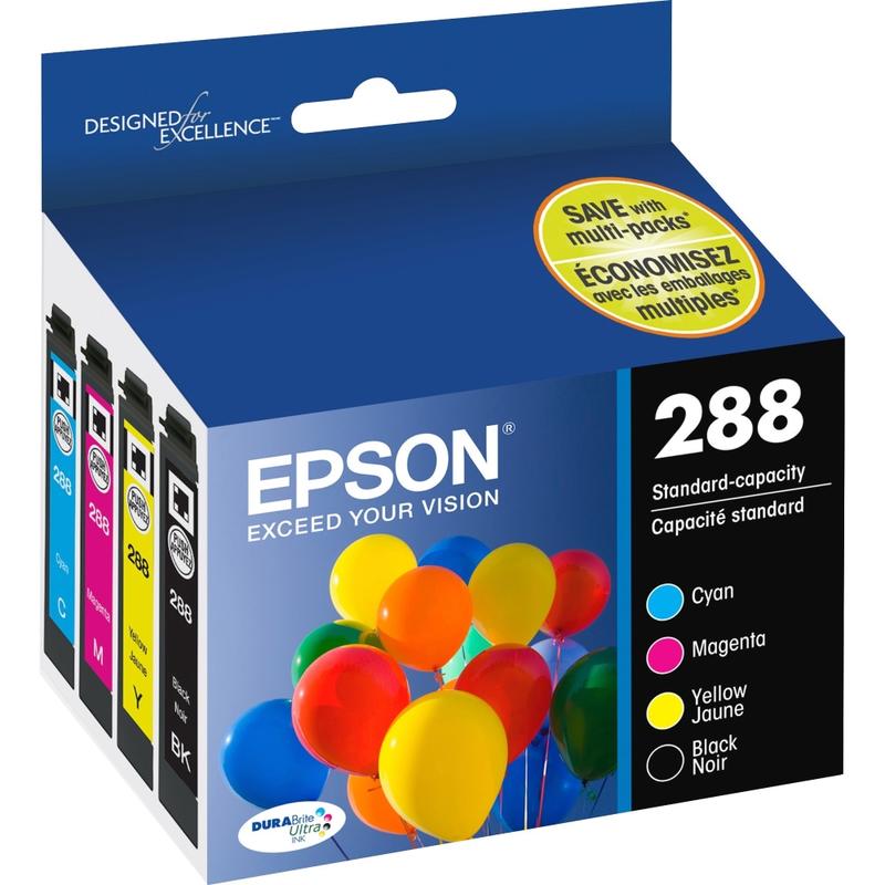 Epson DURABrite Ultra 288 Original Standard Yield Inkjet Ink Cartridge - Pigment Black, Pigment Cyan, Pigment Magenta, Pigment Yellow - 4 / Pack - 165 Pages Color, 175 Pages Black (Min Order Qty 2) MPN:T288120-BCS