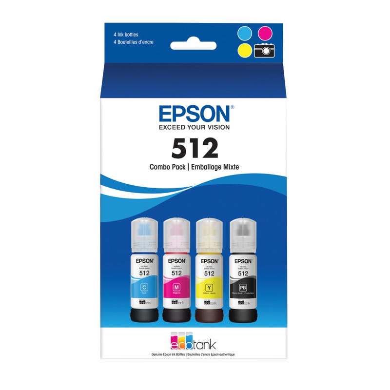 Epson 512 EcoTank Photo Black And Cyan, Magenta, Yellow Ink Bottles, Pack Of 4, T512520-S MPN:T512520-S