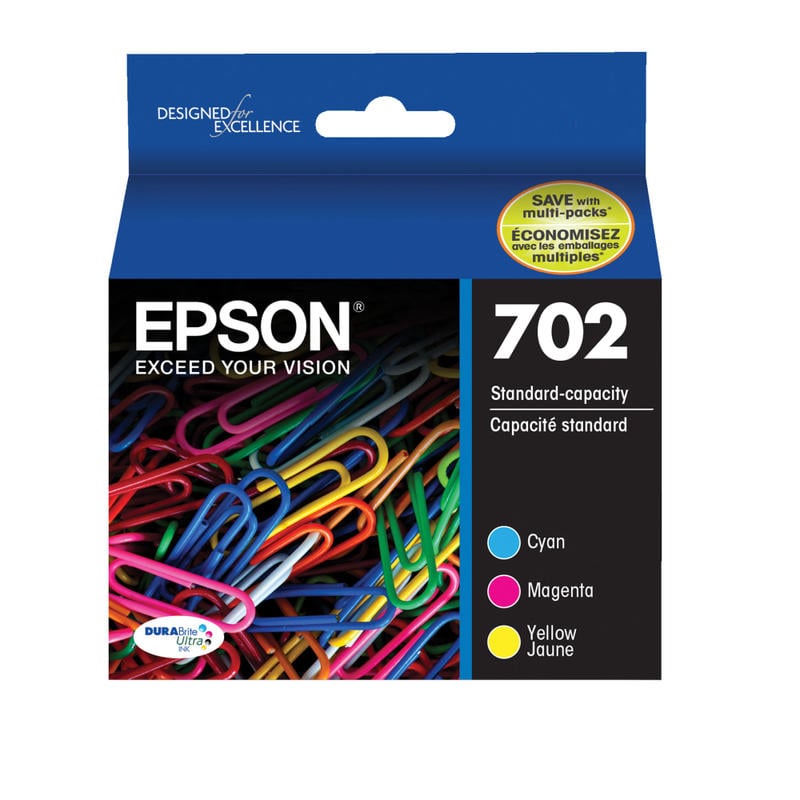 Epson 702 DuraBrite Ultra Cyan, Magenta, Yellow Ink Cartridges, Pack Of 3, T702520-S (Min Order Qty 2) MPN:T702520-S