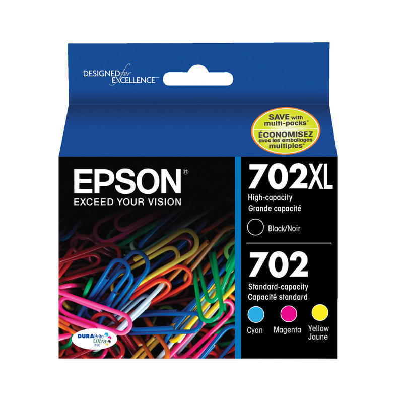 Epson 702XL Black/702 DuraBrite Tri-Color Ultra High-Yield/Standard Yield Ink Cartridges, Pack Of 2, T702XL-BCS MPN:T702XL-BCS