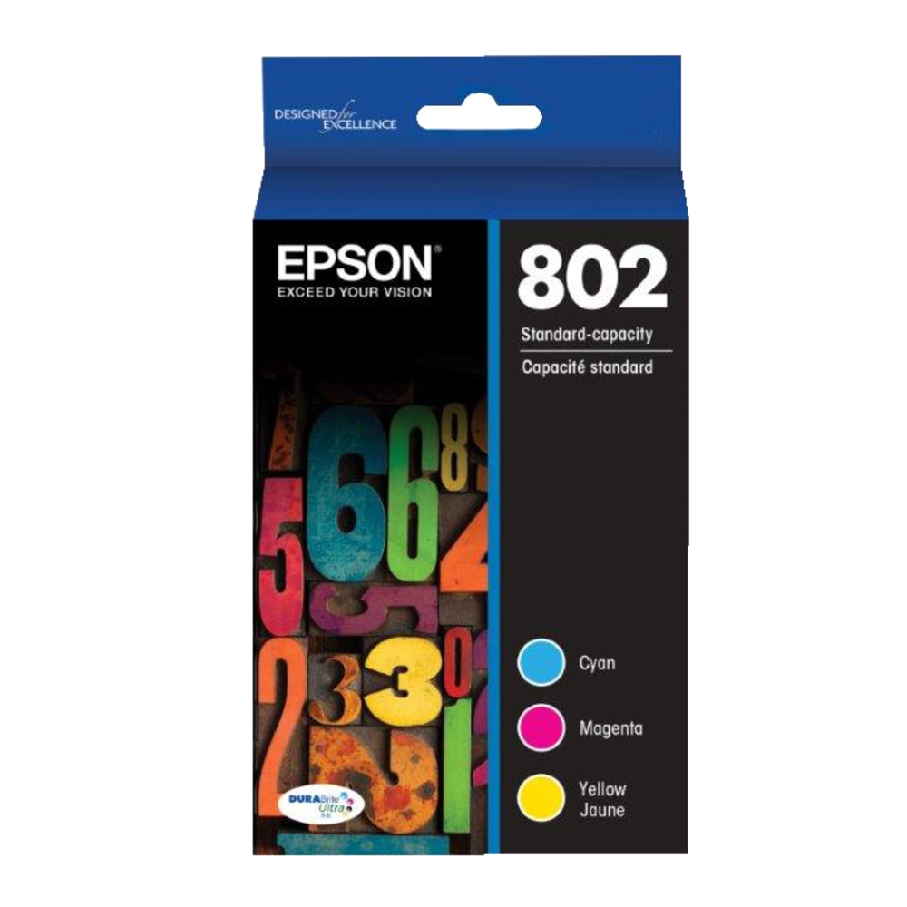 Epson 802 DuraBrite Cyan, Magenta, Yellow Ink Cartridges, Pack Of 3, T802520-S MPN:T802520-S