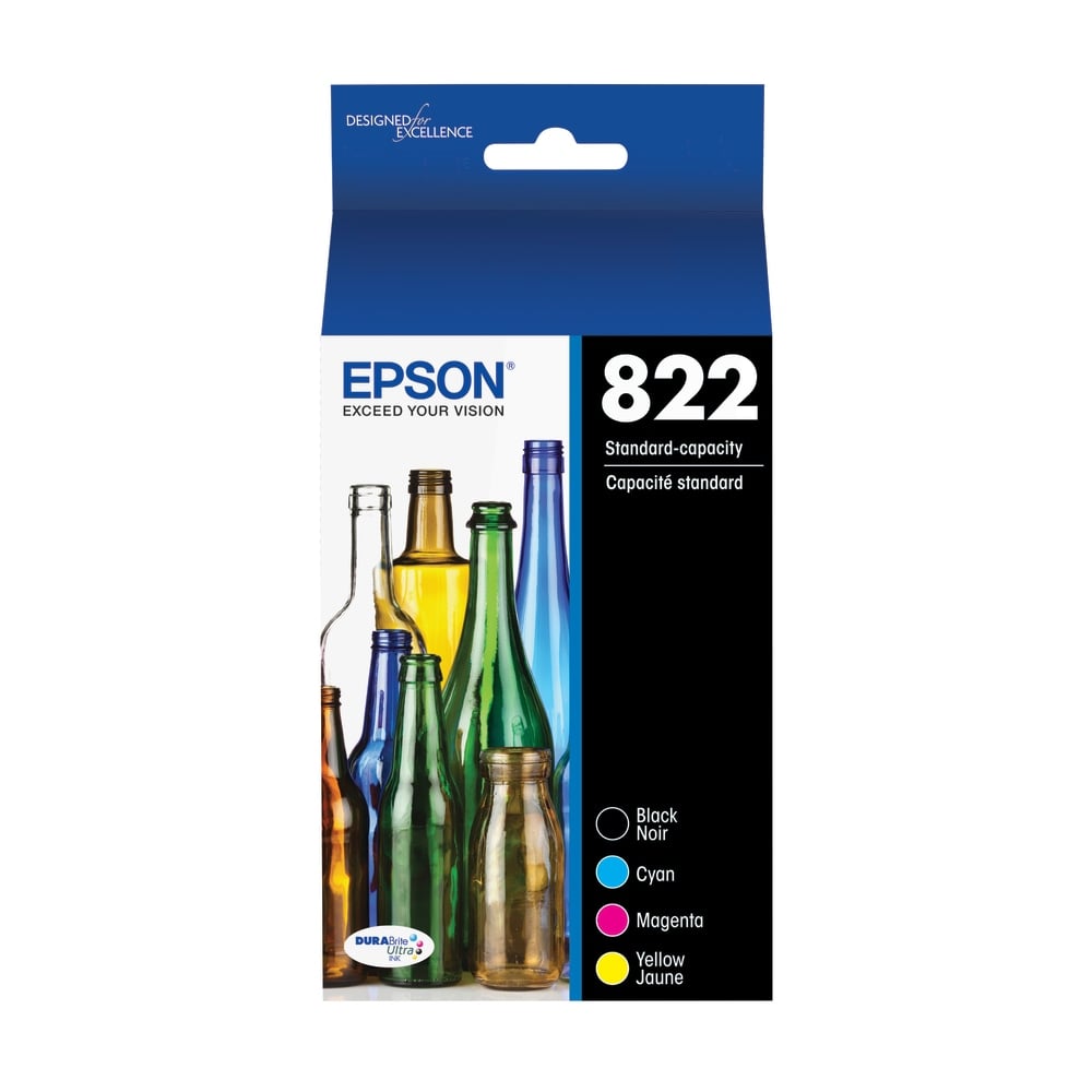 Epson 822 DuraBrite Ultra Black And Cyan, Magenta, Yellow Ink Cartridges, Pack Of 4, T822120-BCS MPN:T822120-BCS