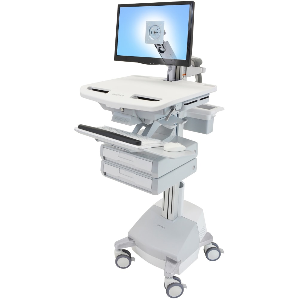 Ergotron StyleView Cart with LCD Arm, SLA Powered, 2 Drawers - 2 Drawer - 39 lb Capacity - 4 Casters - Aluminum, Plastic, Zinc Plated Steel - White, Gray, Polished Aluminum MPN:SV44-1221-1