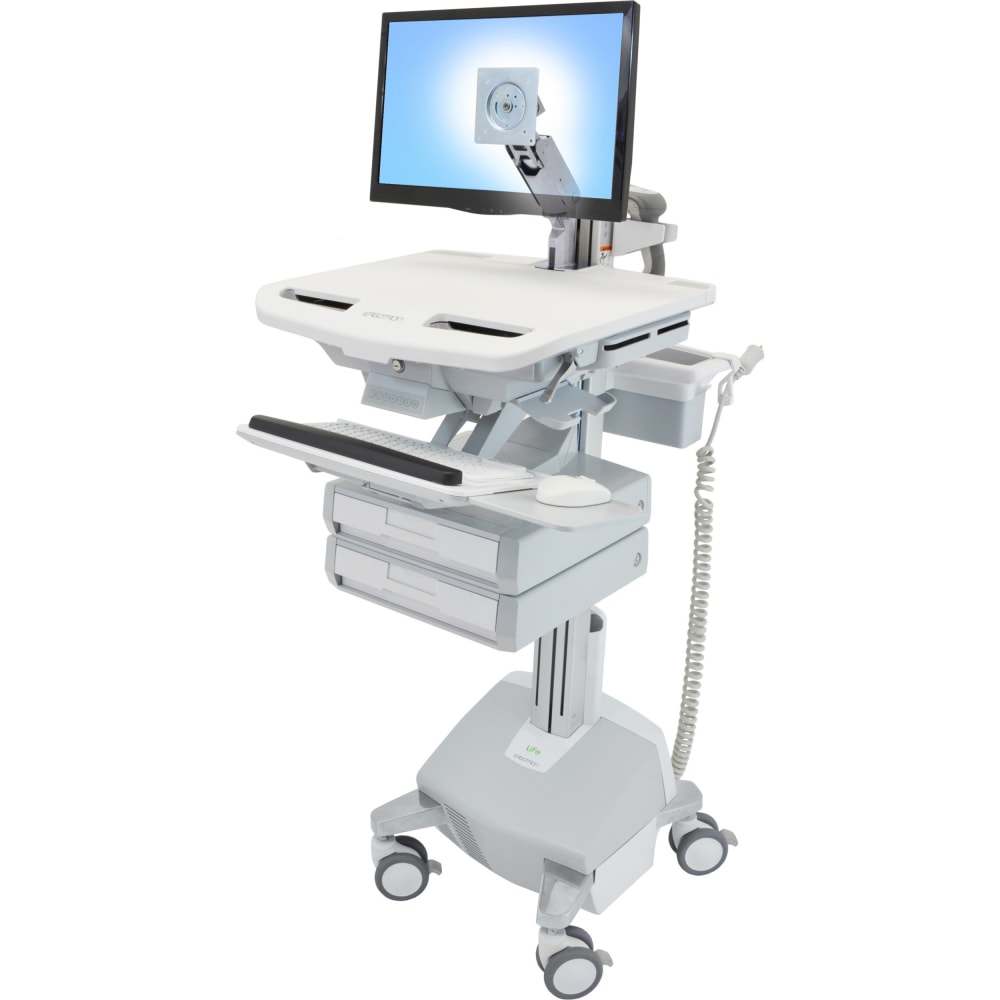 Ergotron StyleView Cart with LCD Arm, LiFe Powered, 2 Drawers - 2 Drawer - 35 lb Capacity - 4 Casters - Aluminum, Plastic, Zinc Plated Steel - White, Gray, Polished Aluminum MPN:SV44-1222-1