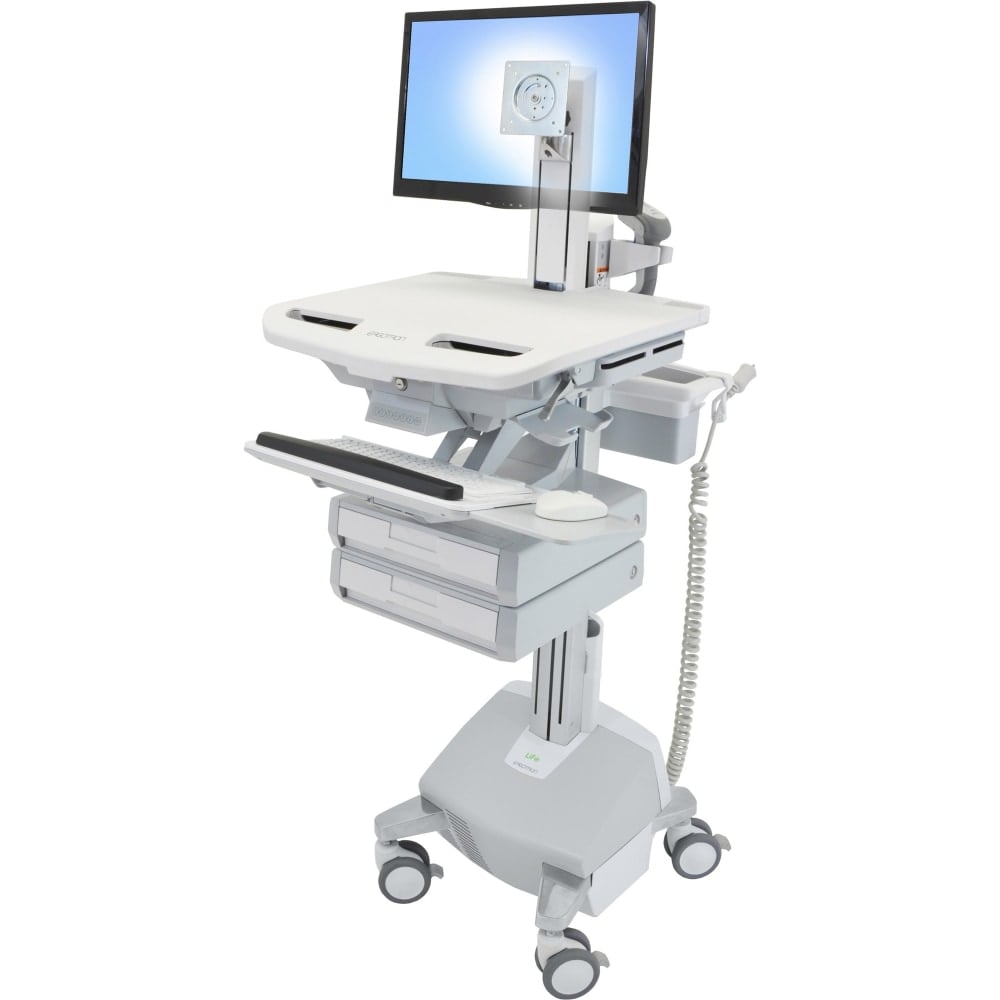 Ergotron StyleView Cart with LCD Pivot, LiFe Powered, 2 Drawers - 2 Drawer - 35 lb Capacity - 4 Casters - Aluminum, Plastic, Zinc Plated Steel - White, Gray, Polished Aluminum MPN:SV44-1322-1