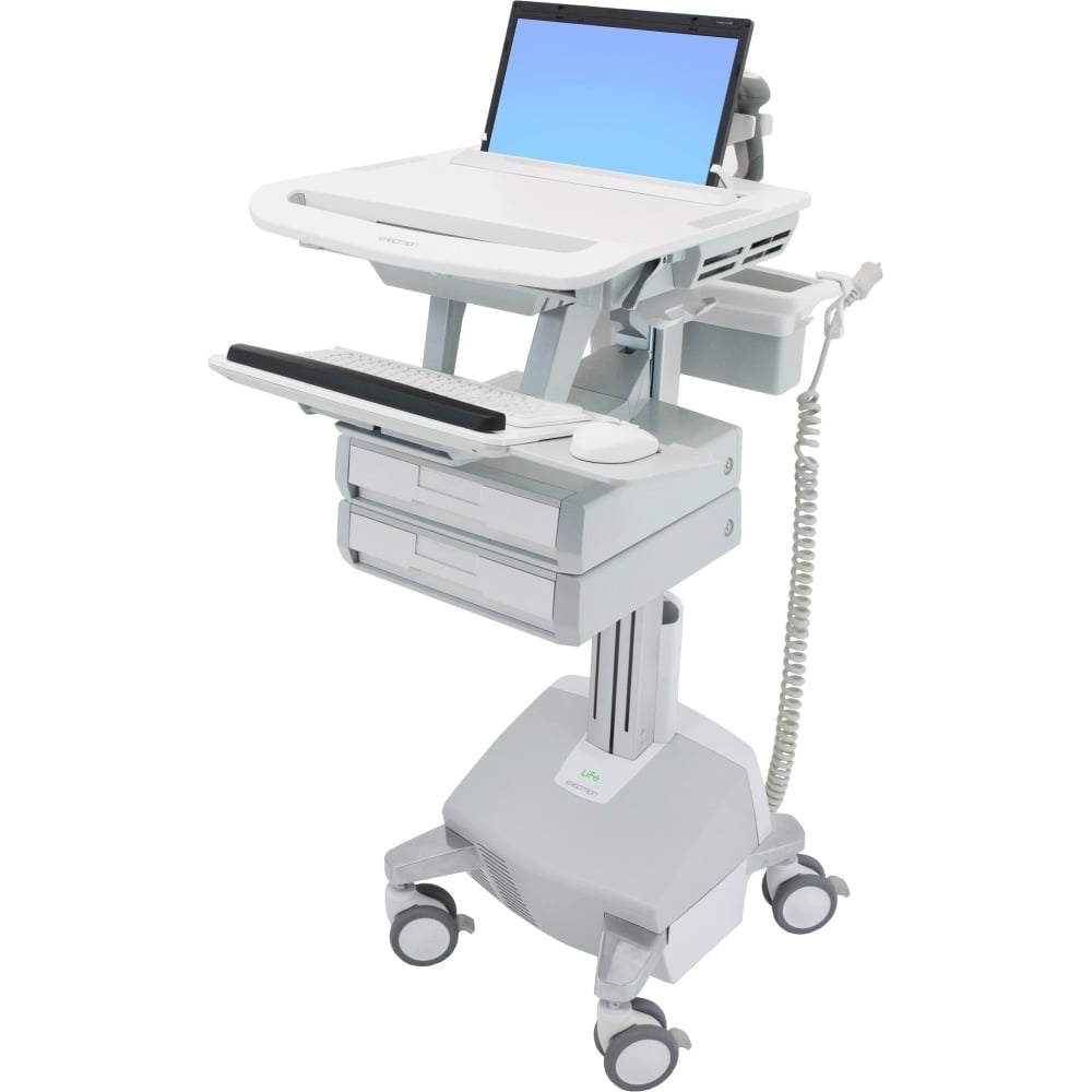 Ergotron StyleView Laptop Cart Desk Workstation LiFe Powered, 2 Drawers, 50-1/2inH x 17-1/2inW x 30-3/4inD, White/Gray MPN:SV44-1122-1