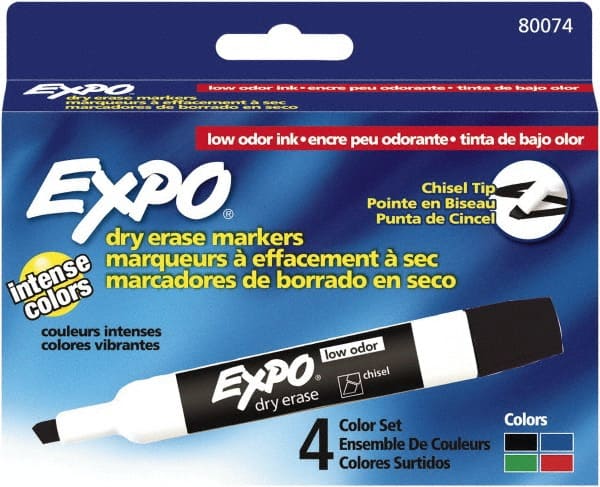 Pack of 4 Low Odor Chisel Tip Dry Erase Markers, Black, Blue, Green & Red MPN:80074