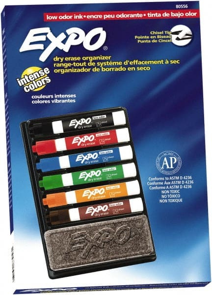 Black, Blue, Brown, Green, Orange, & Red Low Odor Chisel Tip Markers 6 Pack Dry Erase Markers MPN:80556