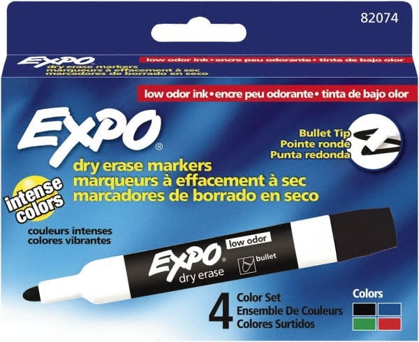 Pack of 4 Low Odor Bullet Tip Dry Erase Markers, Black, Blue, Green & Red MPN:82074