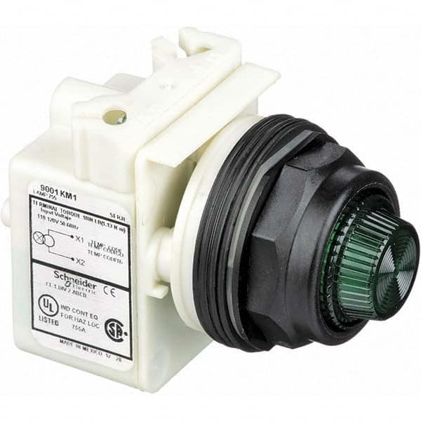 110 VAC at 50/60 Hz via Transformer, 120 VAC at 50/60 Hz via Transformer Green Lens Indicating Light MPN:9001SKP1G31