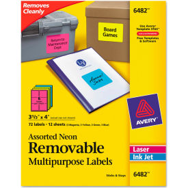 Avery® Removable Self-Adhesive Multipurpose Labels 3-1/3 x 4 Assorted Neon 72/Pack 6482