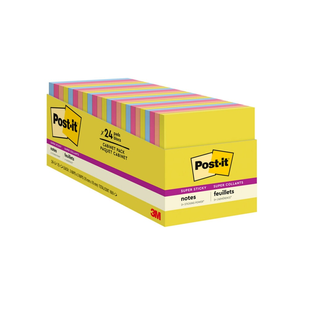 Post-it Super Sticky Notes, 3 in x 3 in, 24 Pads, 70 Sheets/Pad, 2x the Sticking Power, Summer Joy Collection (Min Order Qty 3) MPN:654-24SSJOY-CP