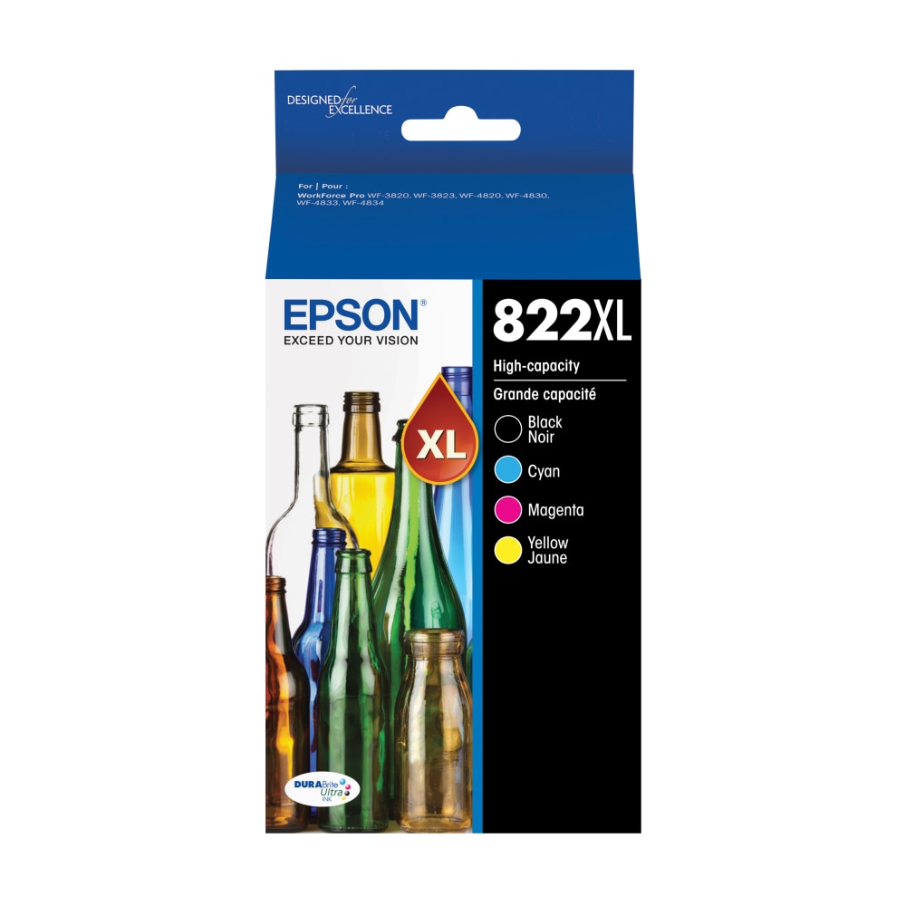 Epson 822XL Black/822 DuraBrite Cyan, Magenta, Yellow High-Yield Ink Cartridges, Pack Of 4, T822XL-XCS MPN:T822XL-XCS