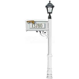 Mailbox Post (Ornate Base & Black Bayview Solar Lamp) w/3 Address Plates Support Brace White LMC-700-SL-WHT