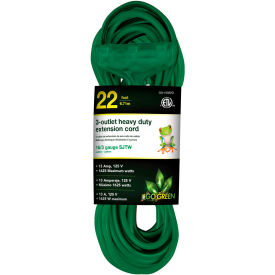 GoGreen Power 16/3 SJTW 22ft 3 Outlet Heavy Duty Extension Cord GG-15022GN - Green GG-15022GN