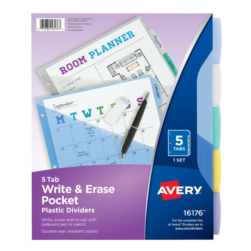 Avery Write & Erase Pocket Plastic Dividers For 3 Ring Binders, 9-1/4in x 11-1/4in, 5-Tab Set, Multicolor, 1 Set (Min Order Qty 12) MPN:16176