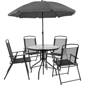 Flash Furniture® Nantucket 5 Piece Outdoor Dining Set w/ Umbrella Black 202012-BK-GGGM-