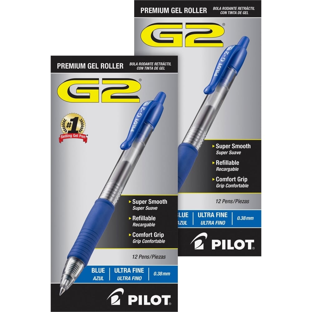 Pilot G2 Premium Gel Roller Retractable Pens - Ultra Fine Pen Point - 0.38 mm Pen Point Size - Refillable - Retractable - Blue Gel-based Ink - Clear Barrel - 24 / Bundle (Min Order Qty 2) MPN:PIL31278BD