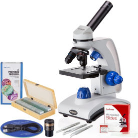 AmScope 40X-1000X Monocular Microscope 1.3MP Digital Camera 50-pc Slide Set & 3-pc Tweezers Set VB-M162C-2L-GLD