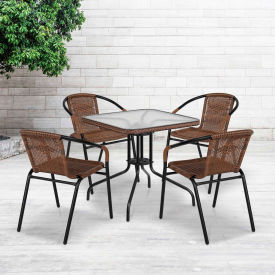 Flash Furniture® Square Glass Outdoor Dining Table Set w/ 4 Rattan Stack Chairs Dark Brown -073SQ-037BN4-GGTLH