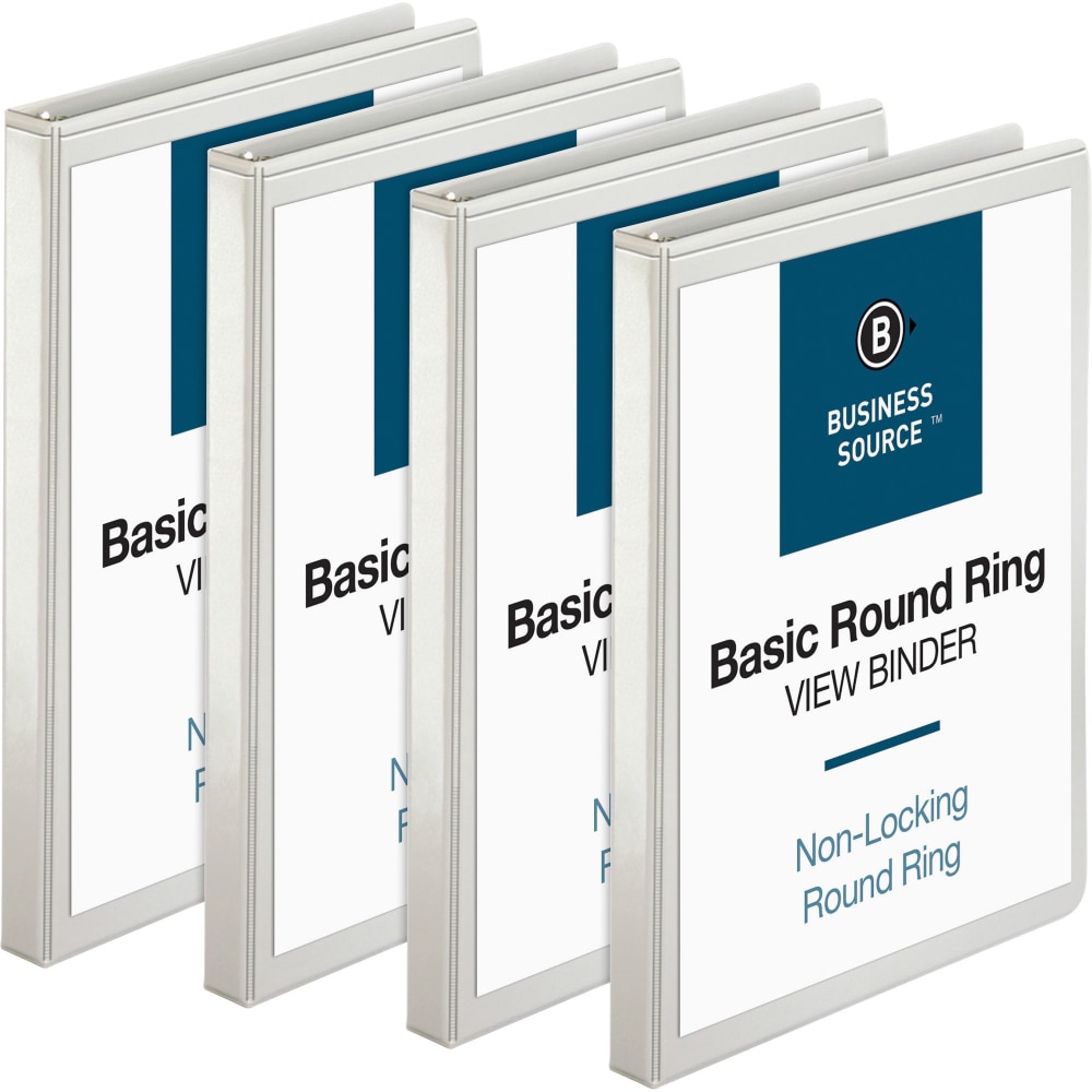 Business Source RounD-Ring View Binder, 1/2in Ring, 8 1/2in x 11in, White, Pack Of 4 (Min Order Qty 2) MPN:09951BD