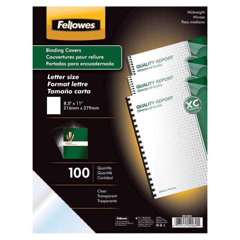 Fellowes Clear Presentation Binding Covers, 8 1/2in 11in, Clear, Pack Of 100 (Min Order Qty 3) MPN:52089