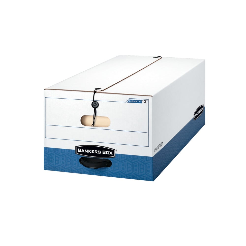 Bankers Box Liberty FastFold Heavy-Duty Storage Boxes With Locking Lift-Off Lids And Built-In Handles, Legal Size, 24in x 15in x 10in, 60% Recycled, White/Blue, Case Of 12 MPN:00012