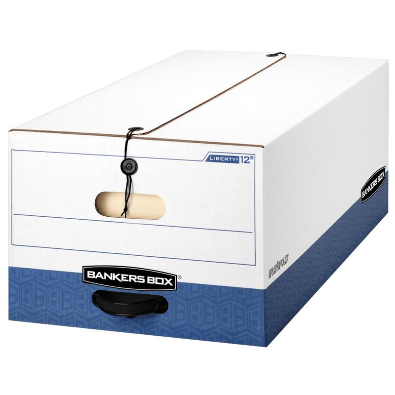 Bankers Box Liberty FastFold Heavy-Duty Storage Boxes With Locking Lift-Off Lids And Built-In Handles, Legal Size, 24in x 15in x 10in, 60% Recycled, White/Blue, Case Of 4 MPN:001203