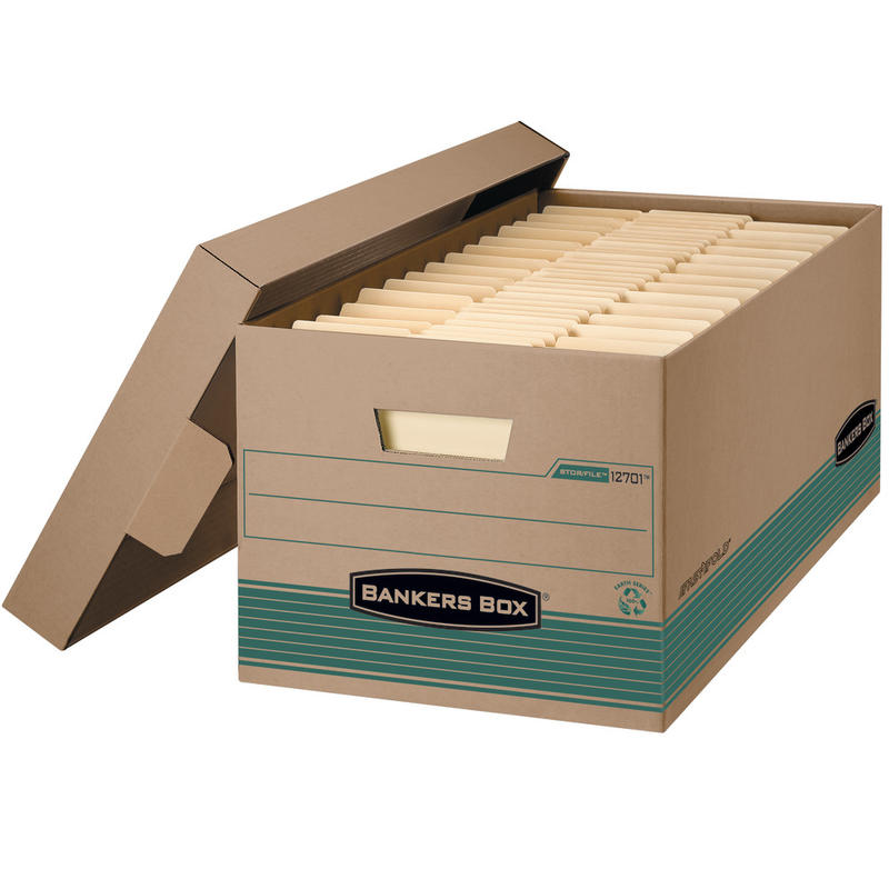 Bankers Box Stor/File FastFold Standard-Duty Storage Boxes With Lift-Off Lids, Letter Size, 24in x 12in x 10in, 94% Recycled, Kraft/Green, Case Of 12 MPN:1270101