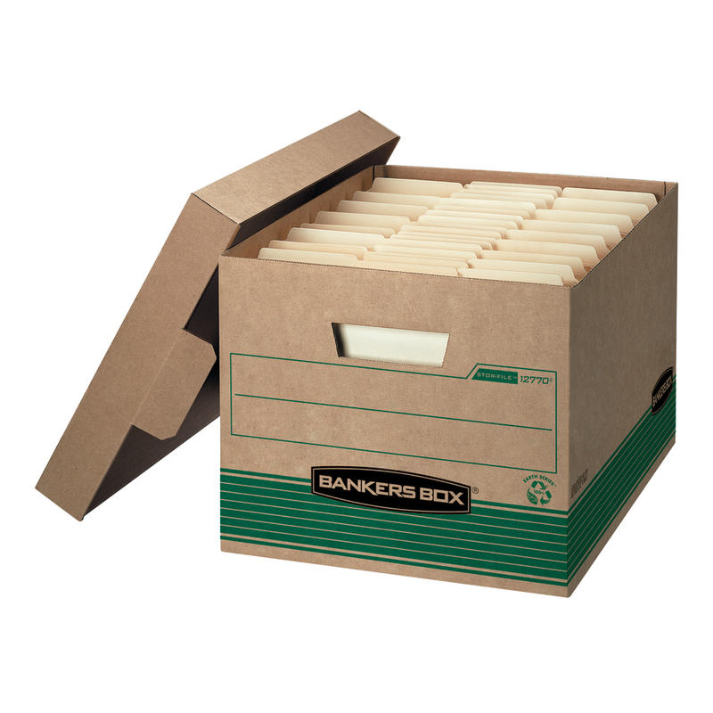 Bankers Box Stor/File Medium-Duty Storage Boxes With Locking Lift-Off Lids And Built-In Handles, Letter/Legal Size, 15in x 12in x 10in, 100% Recycled, Kraft/Green, Case Of 12 (Min Order Qty 2) MPN:12770