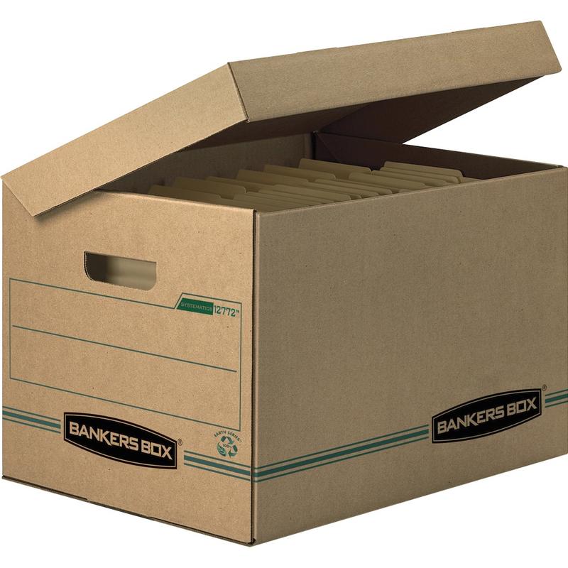 Bankers Box Systematic Standard-Duty Storage Boxes With Attached Lids And Built-In Handles, Letter/Legal Size, 10in x 12in x 15in, 100% Recycled, Kraft/Green, Case Of 12 MPN:12772