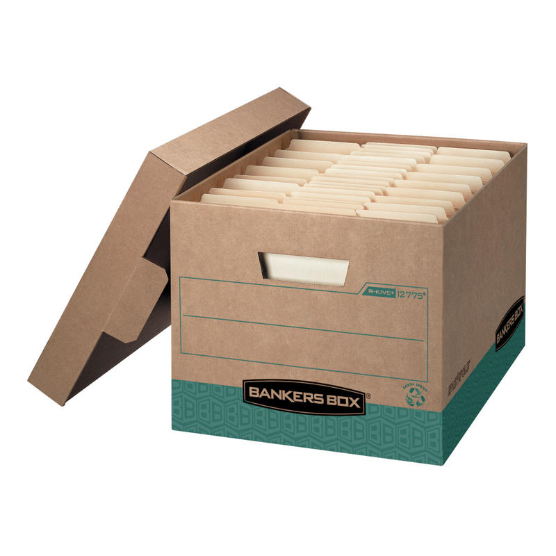 Bankers Box R Kive FastFold BAA Compliant Heavy-Duty Storage Boxes With Locking Lift-Off Lids And Built-In Handles, Letter/Legal Size, 15D x 12in x 10in, 100% Recycled, Kraft/Green, Case Of 12 MPN:12775