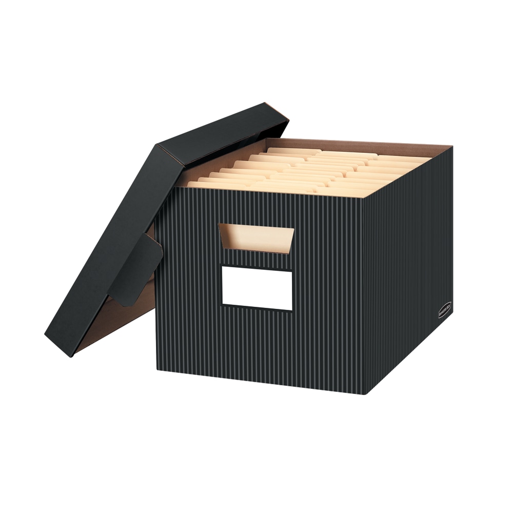 Bankers Box Stor/File Decorative Standard-Duty Storage Boxes With Lift-Off Lids, Letter/Legal Size, 15in x 12in x 10in, 60% Recycled, Black/White Pinstripe, Case Of 4 (Min Order Qty 3) MPN:0029803