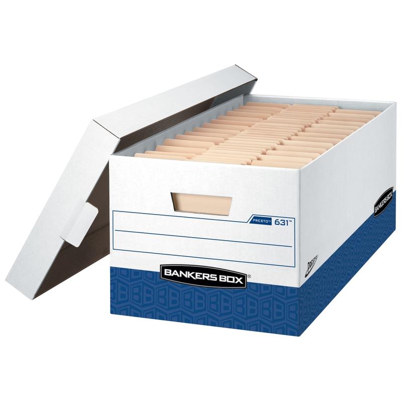 Bankers Box Presto Heavy-Duty Storage Boxes With Locking Lift-Off Lids And Built-In Handles, Letter Size, 24in x 12in x 10in, 60% Recycled, White/Blue, Case Of 12 MPN:0063101