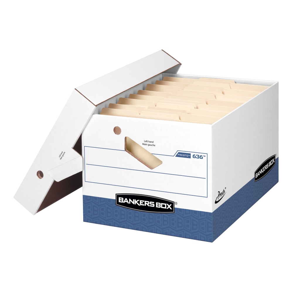 Bankers Box Presto Heavy-Duty Storage Boxes With Locking Lift-Off Lids And Built-In Handles, Letter/Legal Size, 15in x 12in x 10in, 60% Recycled, White/Blue, Case Of 4 (Min Order Qty 2) MPN:63602