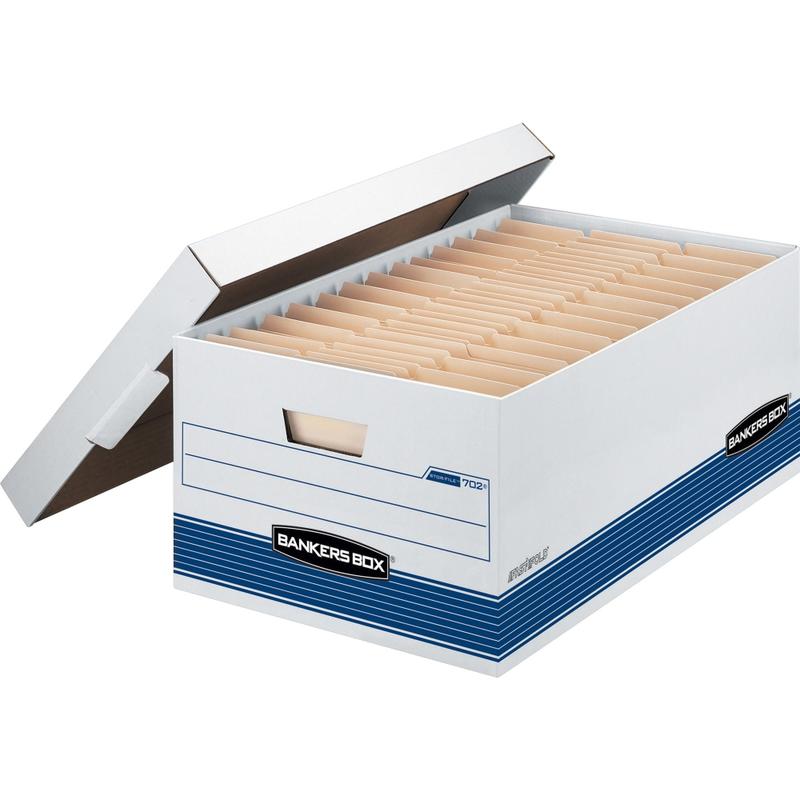 Bankers Box Stor/File FastFold Medium-Duty Storage Boxes With Locking Lift-Off Lids And Built-In Handles, Legal Size, 24D x 15in x 10in, White/Blue, 60% Recycled, Case Of 12 MPN:00702