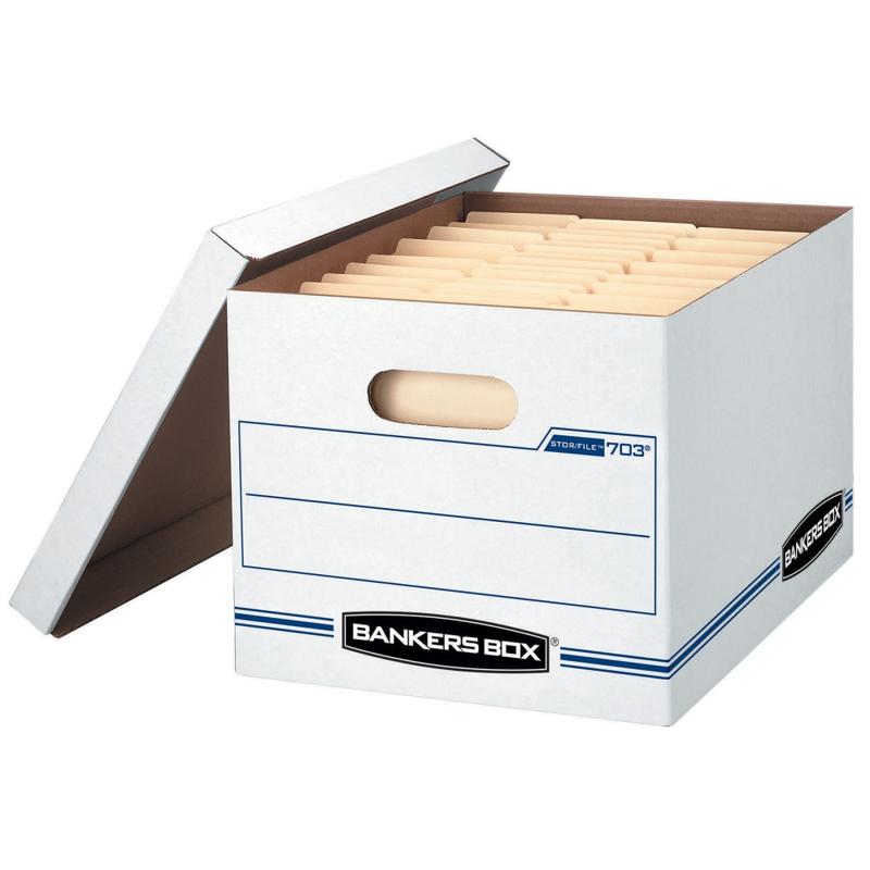 Bankers Box Stor/File Standard-Duty Storage Boxes With Lift-Off Lids, Letter/Legal Size, 10in x 12in x 15in, 60% Recycled, White/Blue, Case Of 20 MPN:0070333