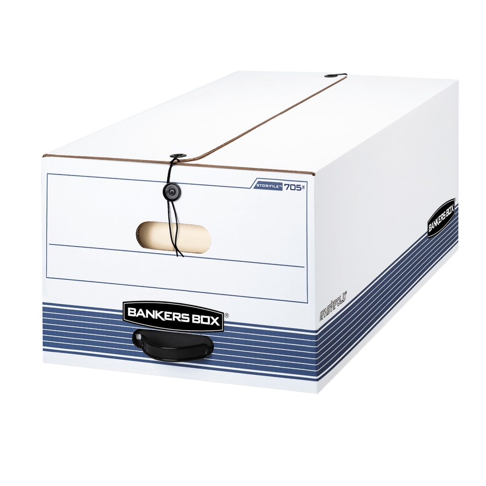 Bankers Box Stor/File Medium-Duty Storage Boxes With String & Button Closure, Built-In Handles, Legal Size, 24in x 15in x 10in, 60% Recycled, White/Blue, Case Of 12 MPN:70504