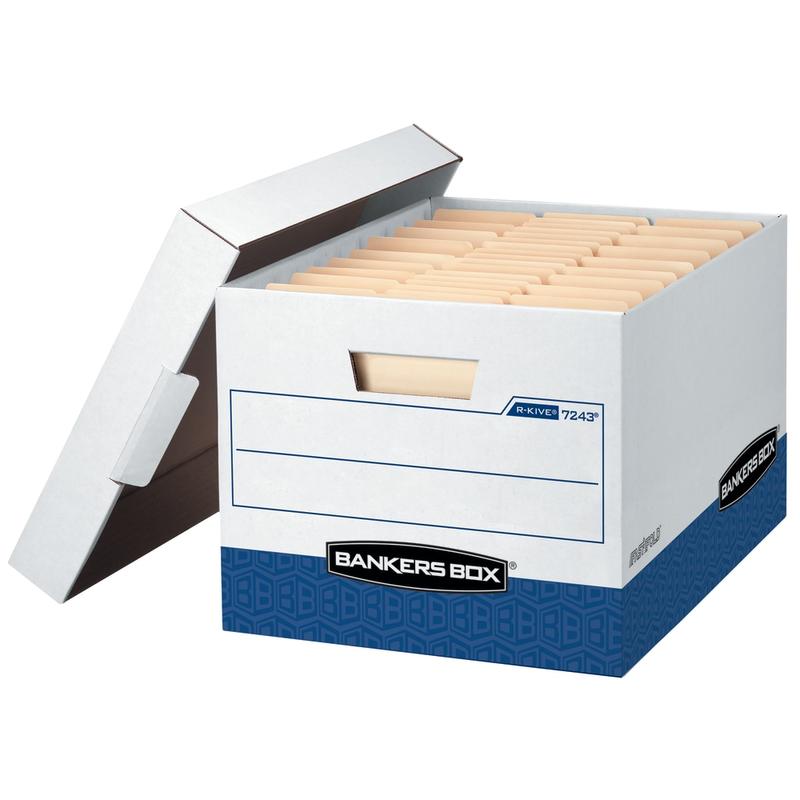 Bankers Box R Kive Heavy-Duty Storage Boxes With Locking Lift-Off Lids And Built-In Handles, Letter/Legal Size, 15in x 12in x 10in, 60% Recycled, White/Blue, Case Of 12 MPN:07243