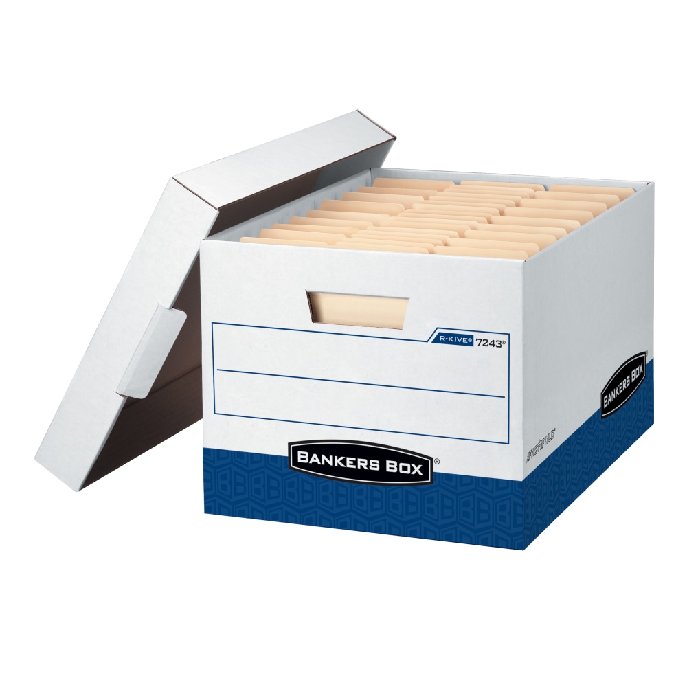 Bankers Box R Kive FastFold Heavy-Duty Storage Boxes With Locking Lift-Off Lids And Built-In Handles, Letter/Legal Size, 15D x 12in x 10in, 60% Recycled, White/Blue, Case Of 4 (Min Order Qty 2) MPN:724303