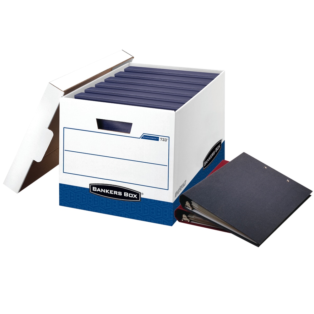 Bankers Box Binderbox Heavy-Duty Storage Boxes With Locking Lift-Off Lids And Built-In Handles, 18 1/2in x 12 1/4in x 12in, 60% Recycled, Blue/White, Case Of 12 MPN:0073301