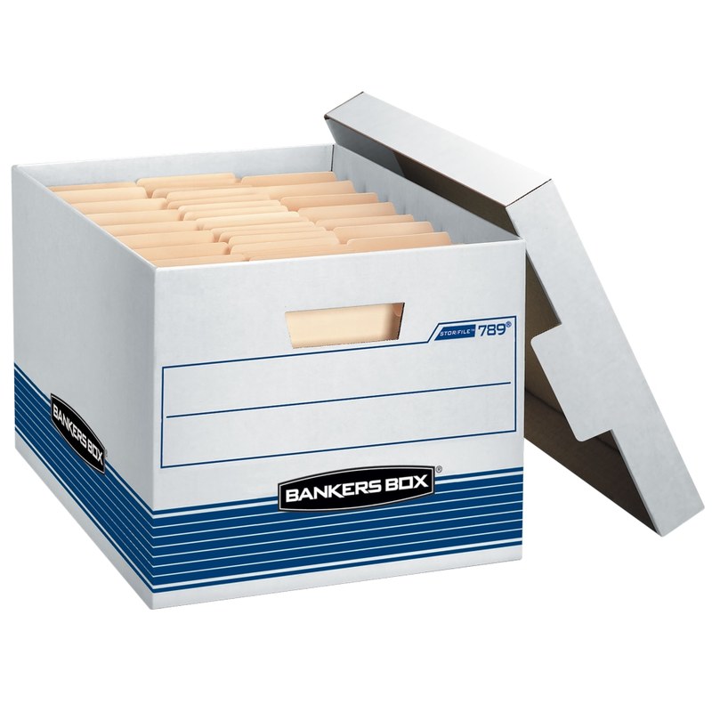 Bankers Box Stor/File Medium-Duty Storage Boxes With Locking Lift-Off Lids And Built-In Handles, Letter/Legal Size, 15in x 12in x 10in, 60% Recycled, White/Blue, Case Of 12 MPN:00789