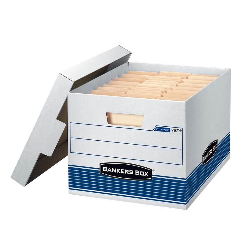 Bankers Box Stor/File Medium-Duty Storage Boxes With Locking Lift-Off Lids And Built-In Handles, Letter/Legal Size, 15 x 12in x 10in, 60% Recycled, White/Blue, Case Of 4 (Min Order Qty 3) MPN:78907