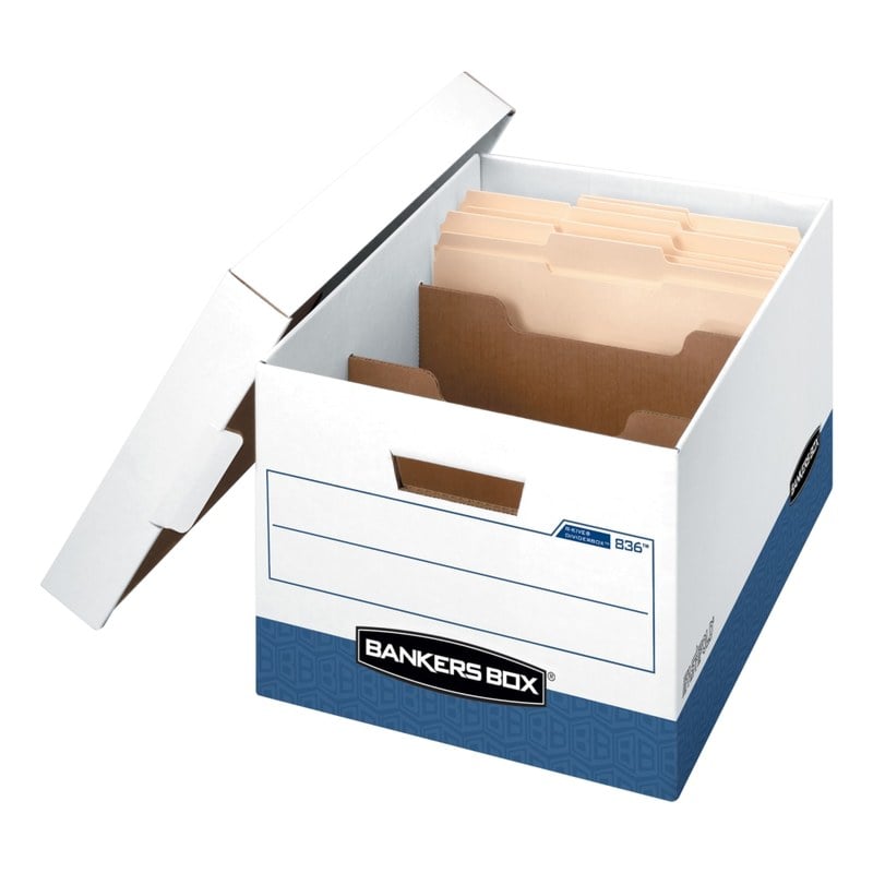 Bankers Box R Kive DividerBox Heavy-Duty FastFold File Storage Boxes With Locking Lift-Off Lids And Built-In Handles, Letter/Legal Size,  10inH x 12W x 15inD, 60% Recycled, White/Blue, Case Of 12 MPN:83601