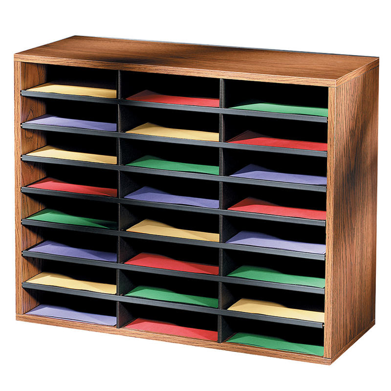 Fellowes Literature Organizer, 24 Compartments, 23 7/16inH x 29 7/16inW x 11 7/8inD, Oak MPN:25043