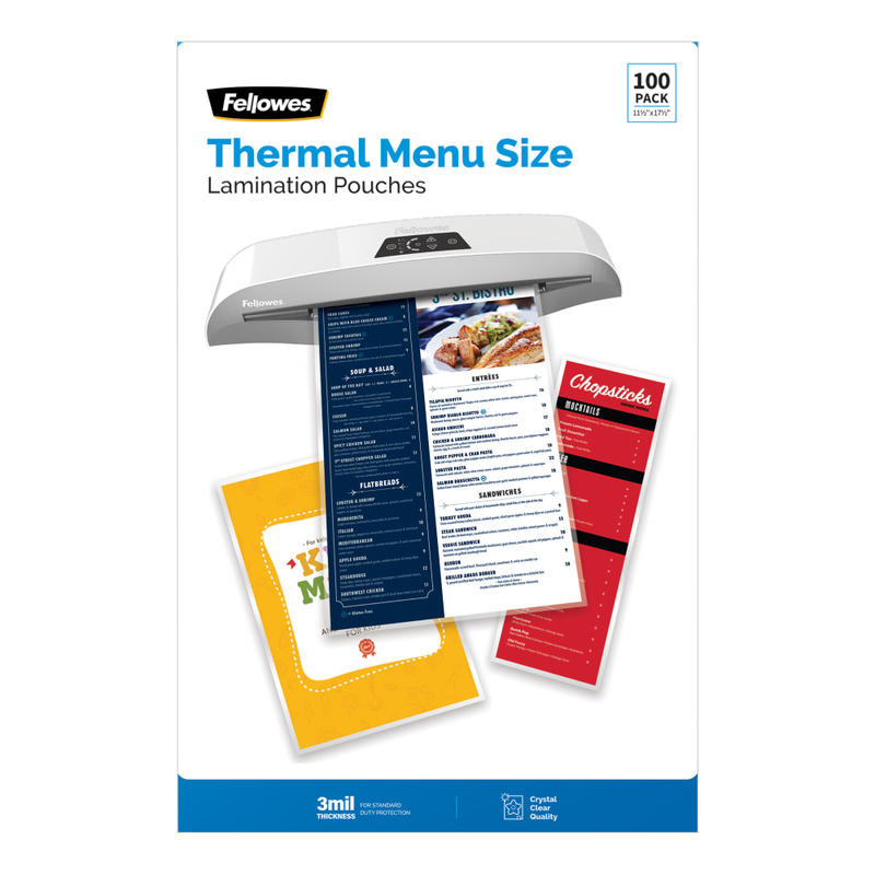 Fellowes Thermal Laminating Pouches, Menu Size, 3 Mil, 11-1/2in x 17-1/2in, Ultra-Clear, Pack Of 100 Pouches (Min Order Qty 3) MPN:4503701